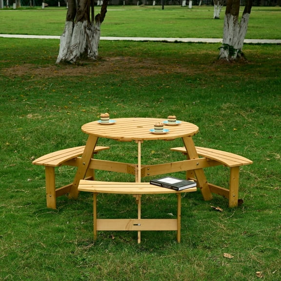 Outdoor 6 Person Round Picnic Table With 3 Built-in Benches, Umbrella Hole, For Garden, Backyard, Porch, Patio, 2 Color