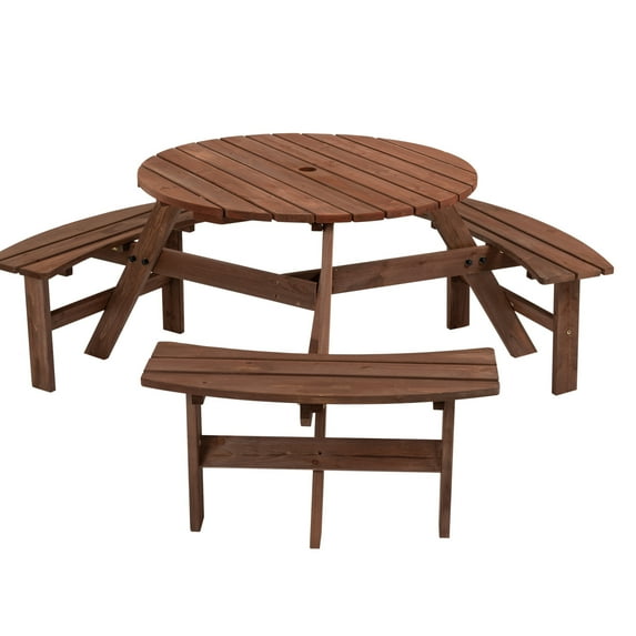 Outdoor 6-Person Wooden Picnic Table, Patio Round Table with 3 Built-in Benches & 2" Umbrella Hole, Outside Table and Bench Set for Backyard Garden, 1720lb Capacity, Brown