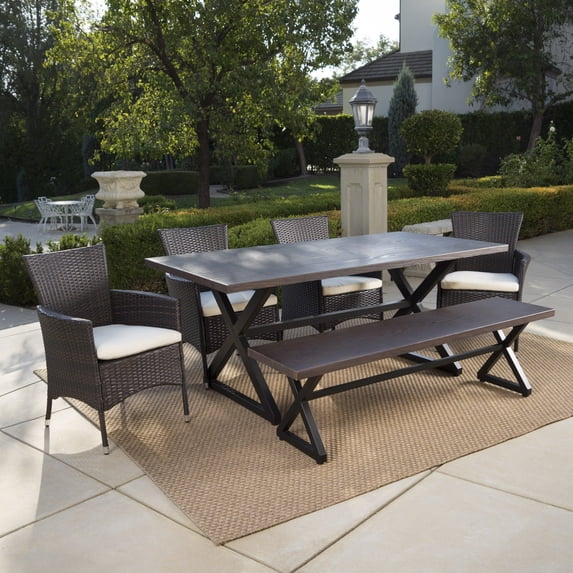 Outdoor 6 Piece Aluminum Dining Set with Bench and Wicker Dining Chairs with Cushions, Beige, Brown