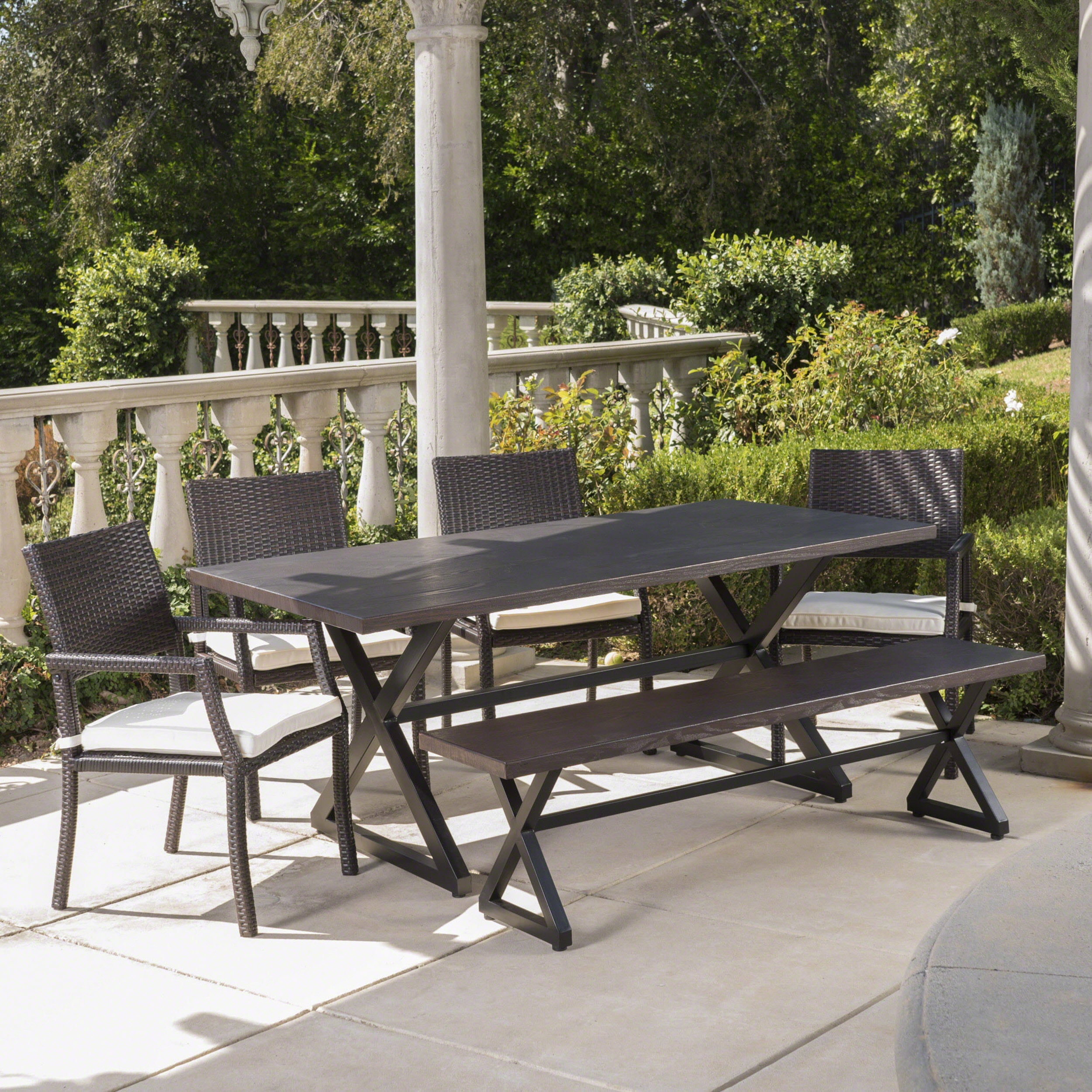 Outdoor 6 Piece Aluminum Dining Set with Bench and Wicker Dining Chairs with Cushions, White, Multibrown