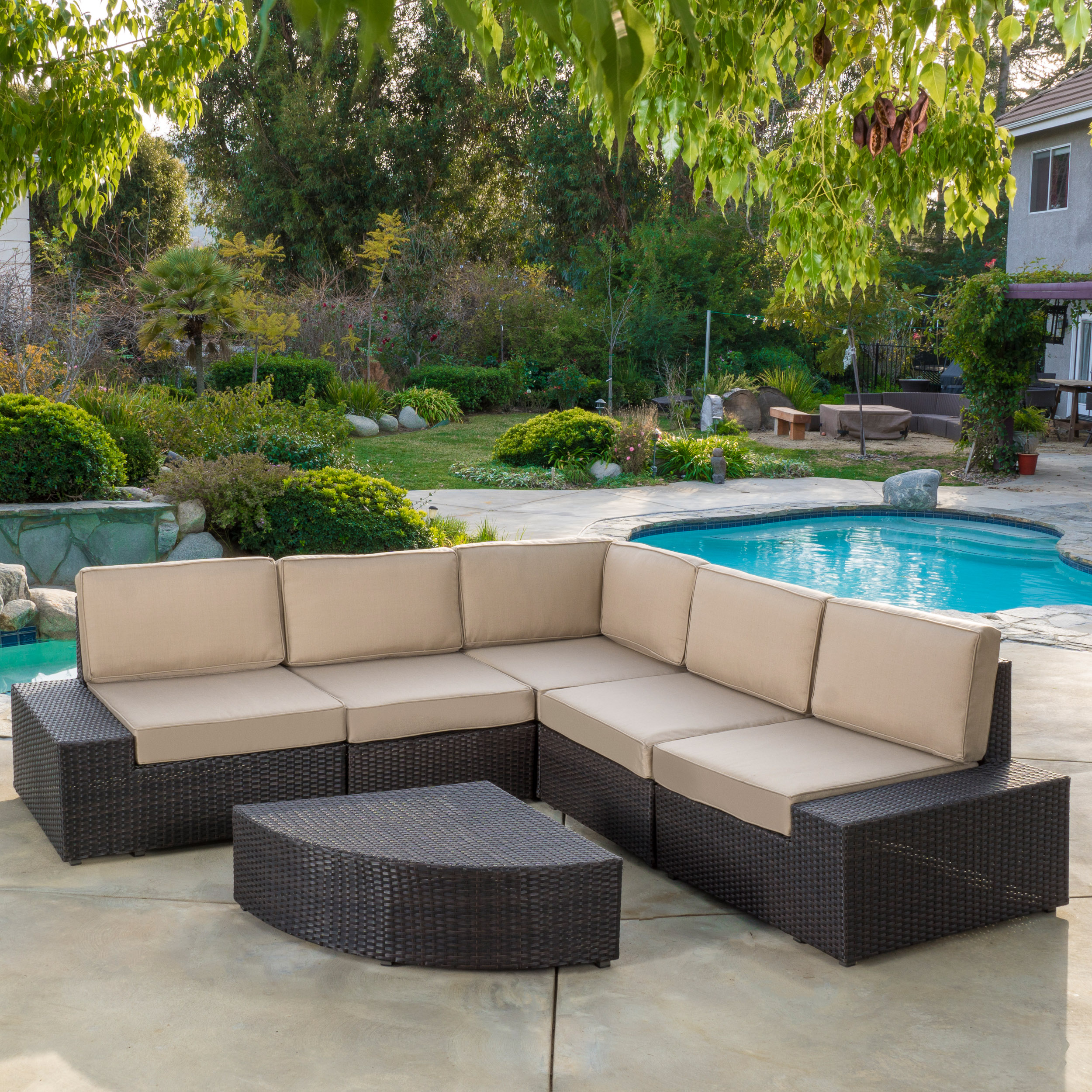 Outdoor 6 Piece Brown Wicker Sofa Sectional Set