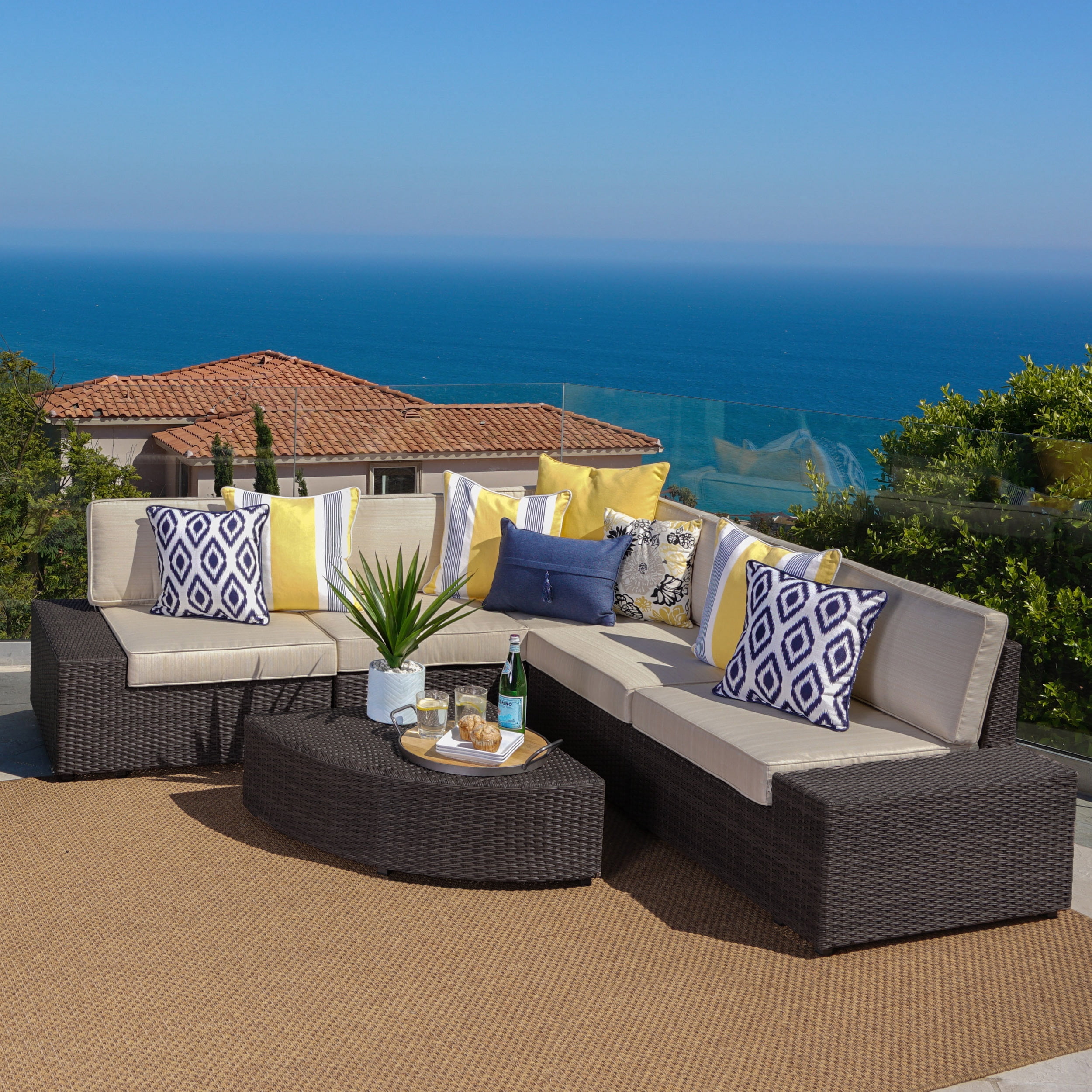 Outdoor 6 Piece Brown Wicker Sofa Sectional Set