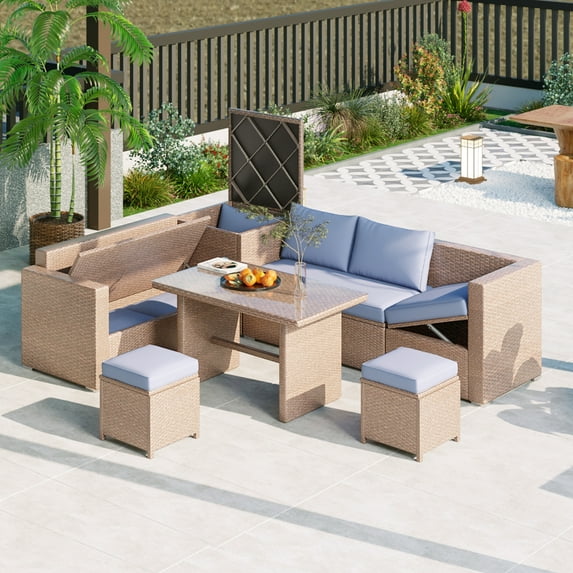 Outdoor 6-Piece All Weather PE Rattan Sofa Set, Garden Patio Wicker Sectional Furniture Set with Adjustable Seat, Storage Box, Removable Covers and Tempered Glass Top Table, Natural55973