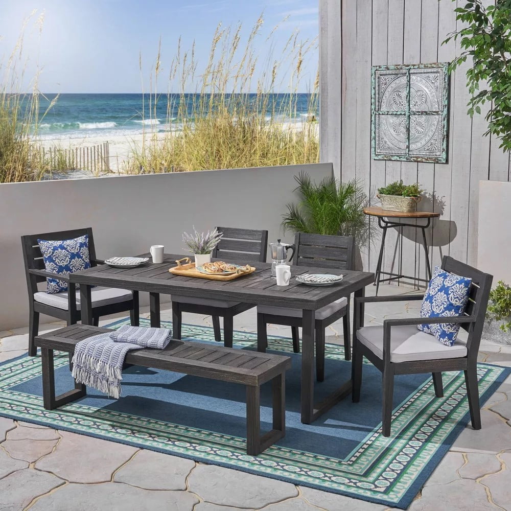 Outdoor 6 Seater Acacia Wood Dining Set with Cushins,Finish and Cream