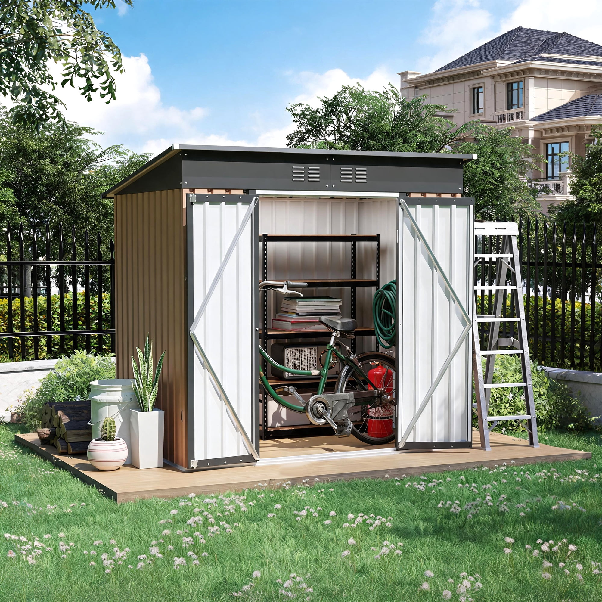 Outdoor 6x4-Foot Metal Garden Shed with Hinge Door and Pent Roof, Brown Storage Shed for Patio Backyard and Tool Organization