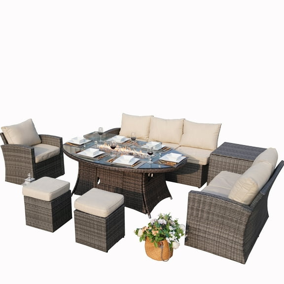 Outdoor 7 Pcs Furniture Set with Brown Fire Pit Table, PE Wicker Rattan Gray Sectional Sofa Patio Conversation Sets