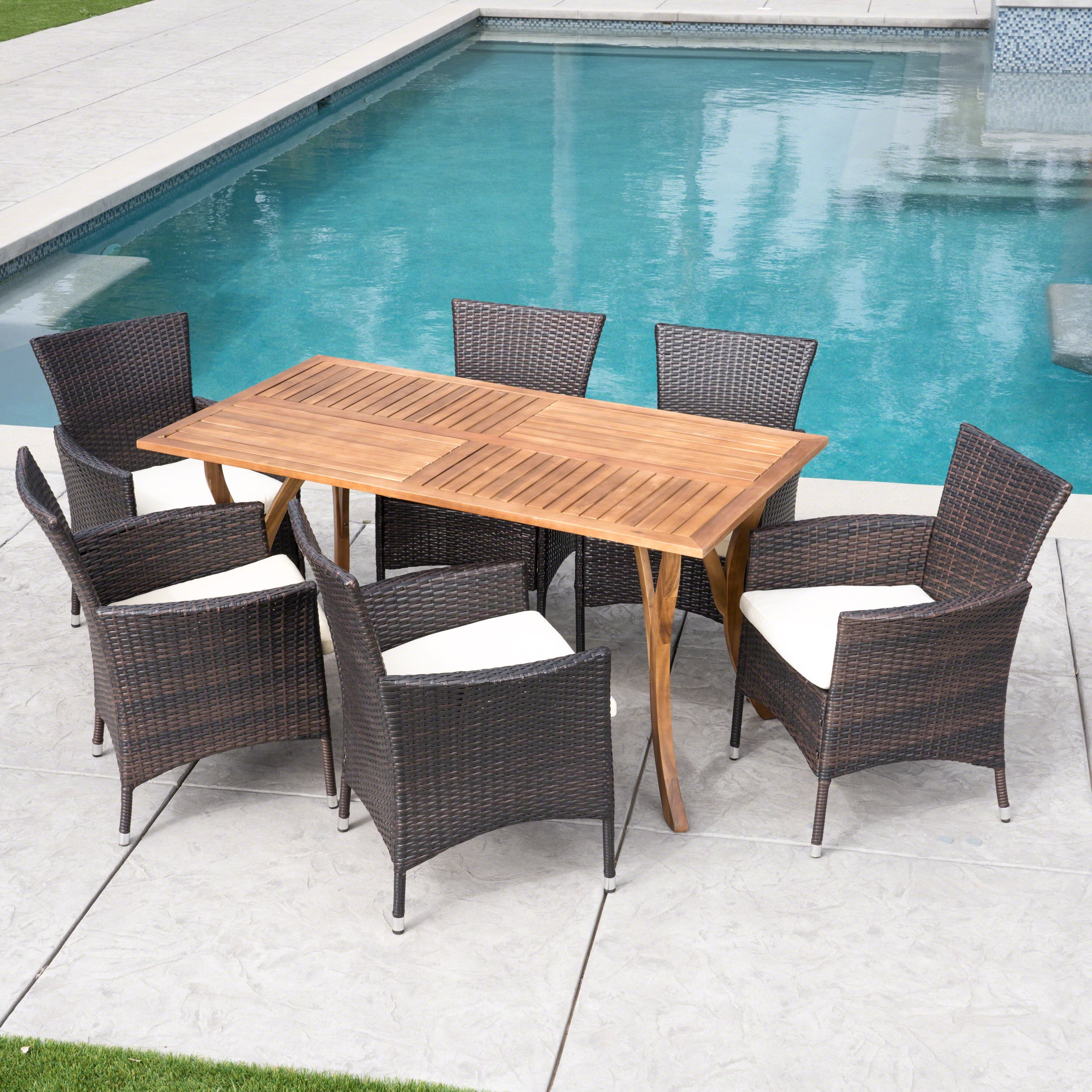 Outdoor 7 Piece Acacia Wood Wicker Dining Set with Cushions, Beige, Multibrown, Teak