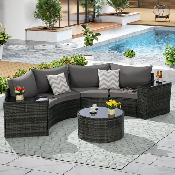 Outdoor 7-Piece Half-Moon Sectional Furniture Set, Set with Empered Glass Round Coffee Table, Patio Curved Sofa Set, Sofa for Poolside Backyard, Dark Gray