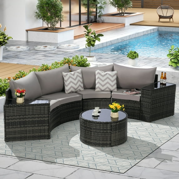 Outdoor 7-Piece Half-Moon Sectional Furniture Set, Set with Empered Glass Round Coffee Table, Patio Curved Sofa Set, Sofa for Poolside Backyard, Light Gray