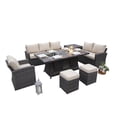 thumbnail image 1 of Outdoor 7-Piece Patio Conversational Sofa Set with Gas Firepit and Ice Container Rectangle Dining Table, Gray, 1 of 6
