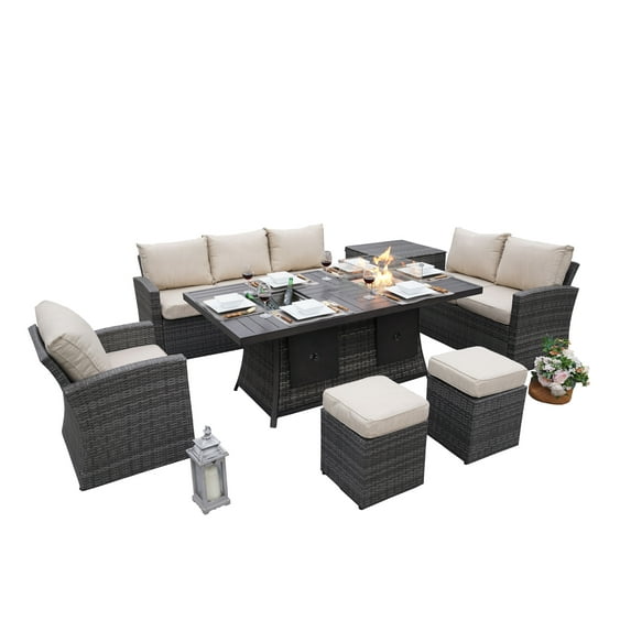 Outdoor 7-Piece Patio Conversational Sofa Set with Gas Firepit and Ice Container Rectangle Dining Table, Gray