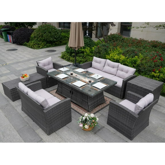 Outdoor 7-Piece Rattan Sectional Sofa Sets with 72" Gas Fire Pit Table Wicker Conversation Set Storage Box - Gray