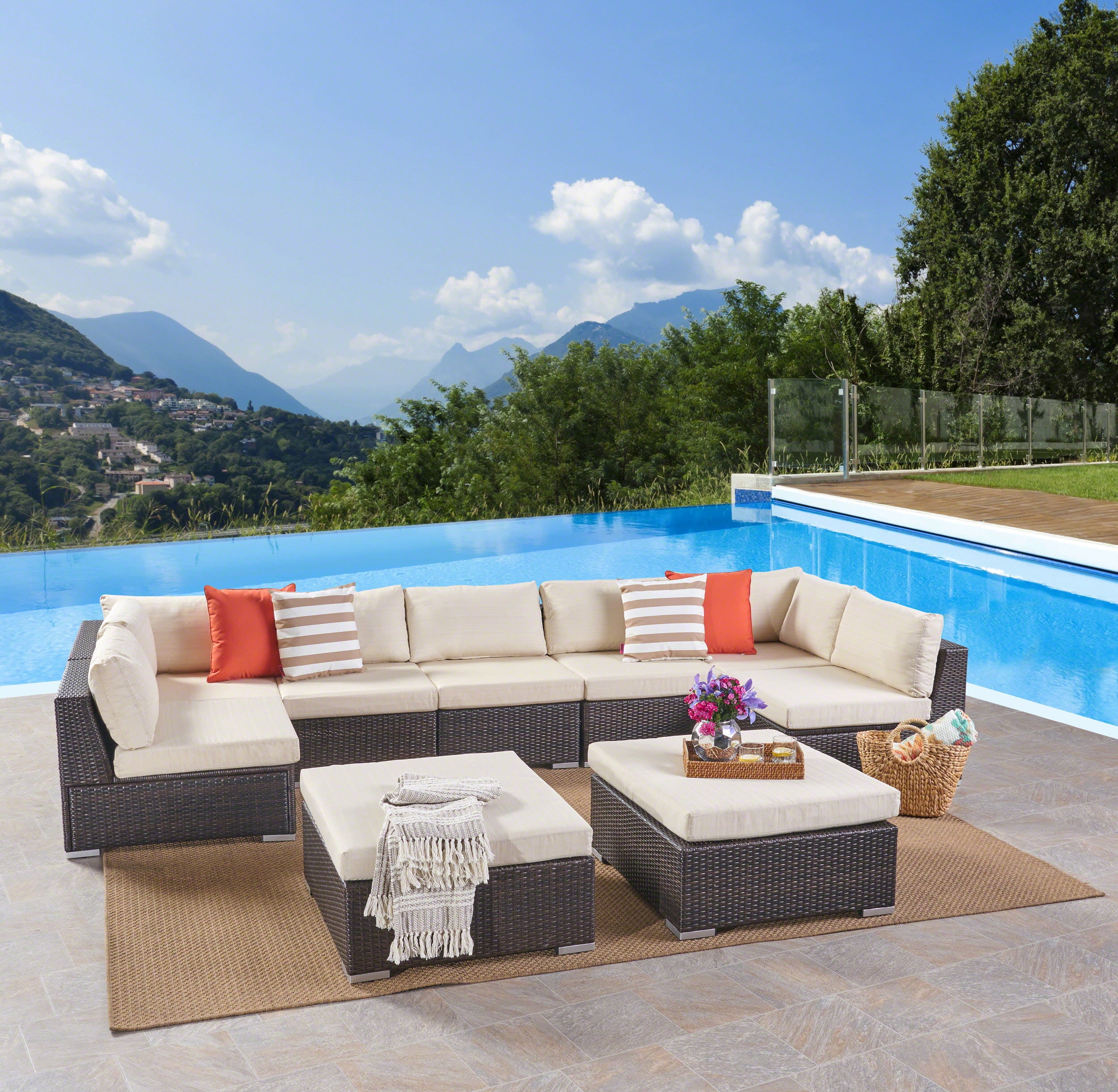 Outdoor 7 Seater Wicker Sectional Sofa Set with Cushions, Multibrown,Beige