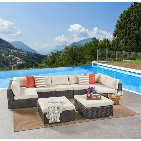 Outdoor 7 Seater Wicker Sectional Sofa Set with Cushions, Multibrown,Beige