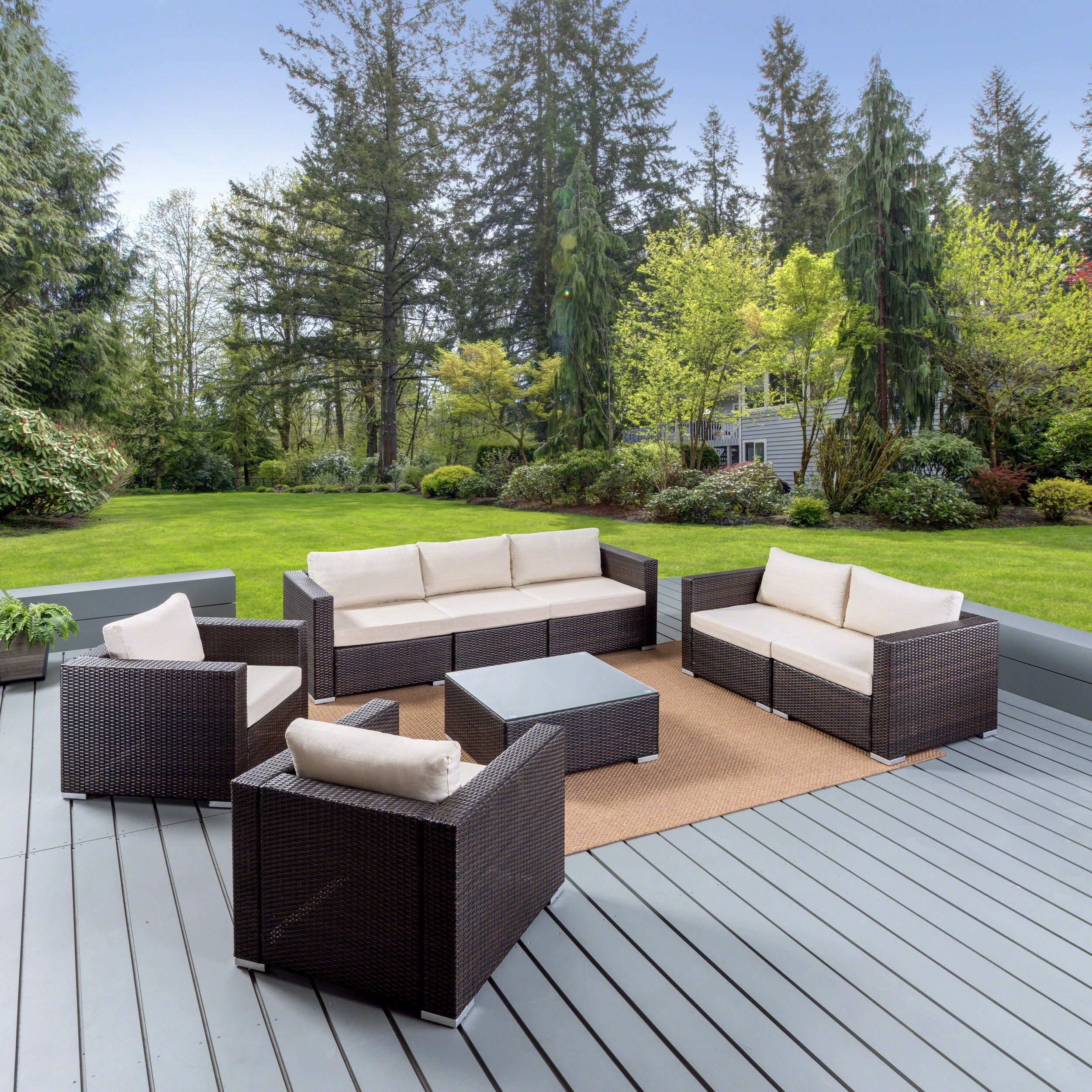 Outdoor 7 Seater Wicker Sofa Chat Set with Aluminum Frame and Cushions, Multibrown, Beige