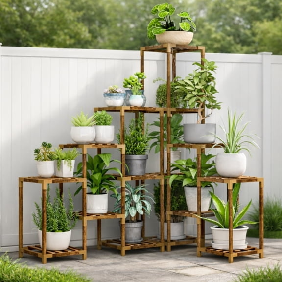 Outdoor 7-Tier Wooden Plant Stand for Patio, Garden & Balcony, Multi-Level Flower Pot Display Shelf