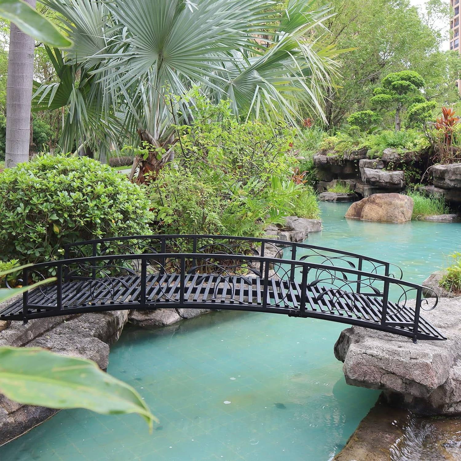 Outdoor 8-Ft Heavy Duty Black Metal Arch Garden Bridge with Side Rails ...