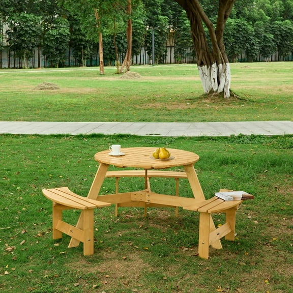 Outdoor 8 Person Picnic Table, 8 person Round Picnic Table with 4 Built-in Benches, Umbrella Hole, Outside Table and Bench Set for Garden, Backyard, Porch, Patio,  Natural   WL