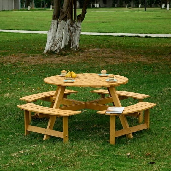 8 Person Round Picnic Table with 4 Built-in Benches - Outdoor Dining Set with Umbrella Hole, Natural Wood Finish for Garden, Backyard, Patio