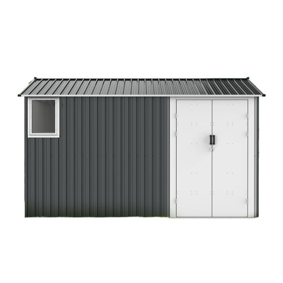 Outdoor 8x12FT Metal Storage Shed Featuring Floor Base, Windows, and Double Hinged Doors – Secure and Spacious