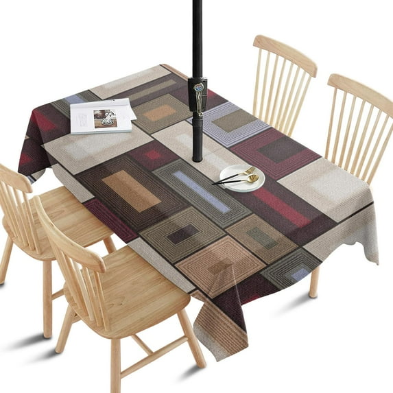 Outdoor Abstract Geometric Tablecloth with Umbrella Hole and Zipper,Rectangle Waterproof Wrinkle Free Table Cloth Decorative Fabric Washable Table Cover for Patio, Party, Picnic 60 X 84 Inch