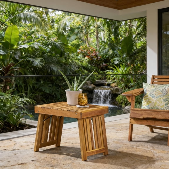 Outdoor Acacia Side Table  Natural Patio End Table, Wind and Rain Resistant Square Table, Suitable for Backyard, Deck, Balcony