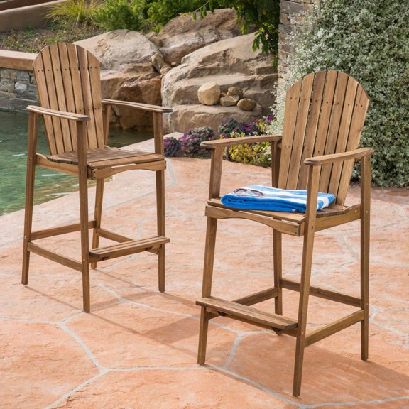 Outdoor Acacia Wood Adirondack Barstools, Set of 2, Natural Stained