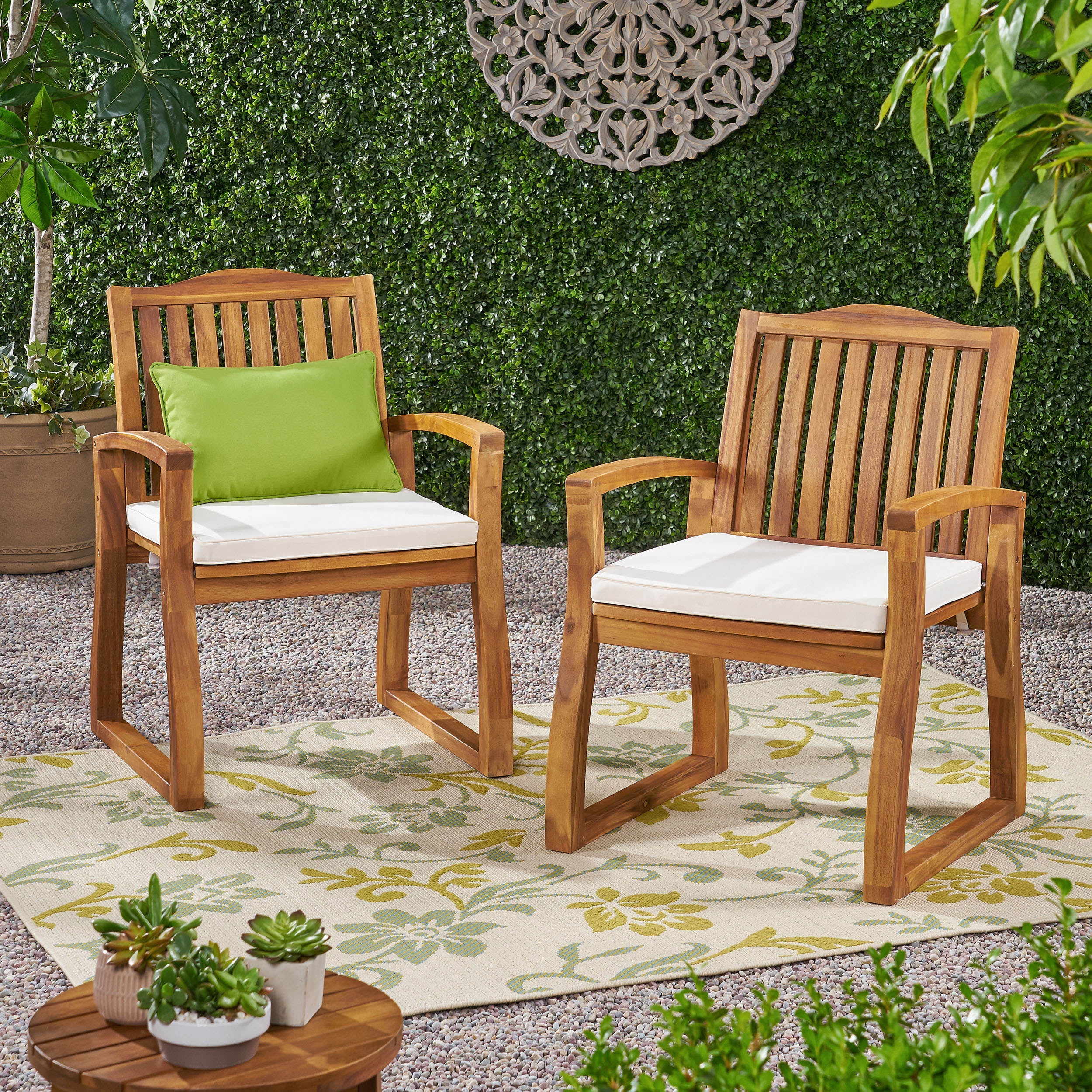 Outdoor Acacia Wood Armrest Dining Chair Set of 2, Household Leisure Seats for Patio Garden, Teak and Ivory