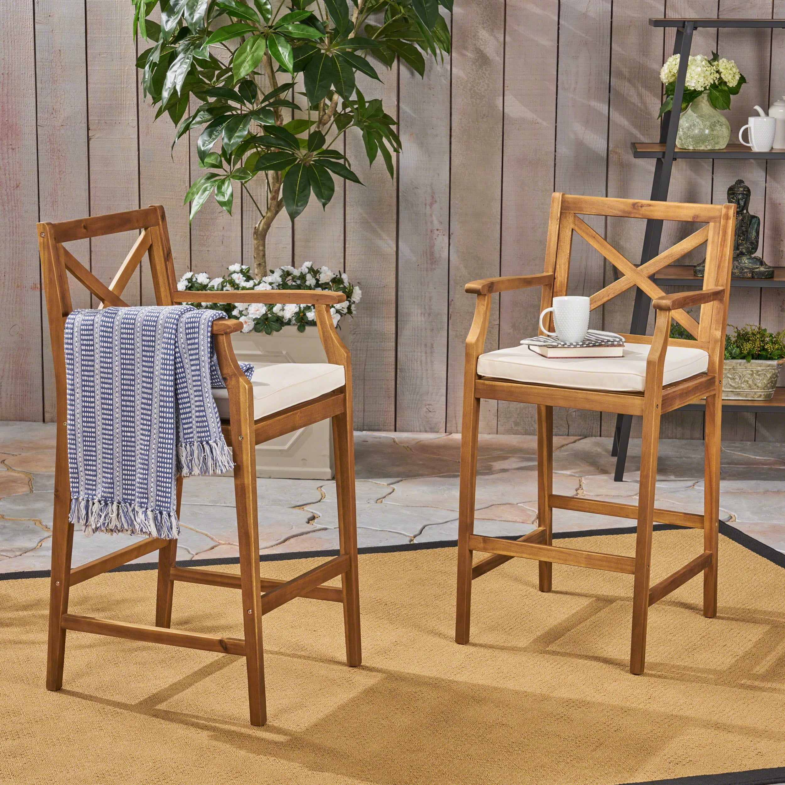 Outdoor Acacia Wood Bar Stool Set of 2, Comfort Height Seats for Patio Bar, Teak and Cream
