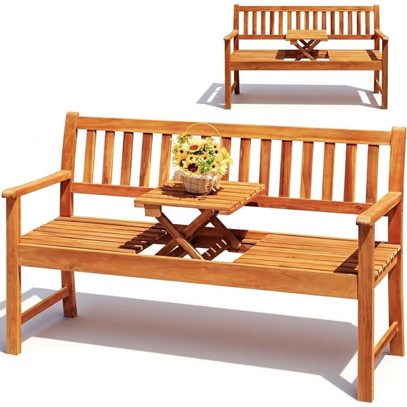 Outdoor Acacia Wood Bench With Convertible Lift Table, Two Person Loveseat Patio Seating, Weather Resistant Solid Wood Garden Furniture For Backyard Porch Deck Poolside, Log Brown