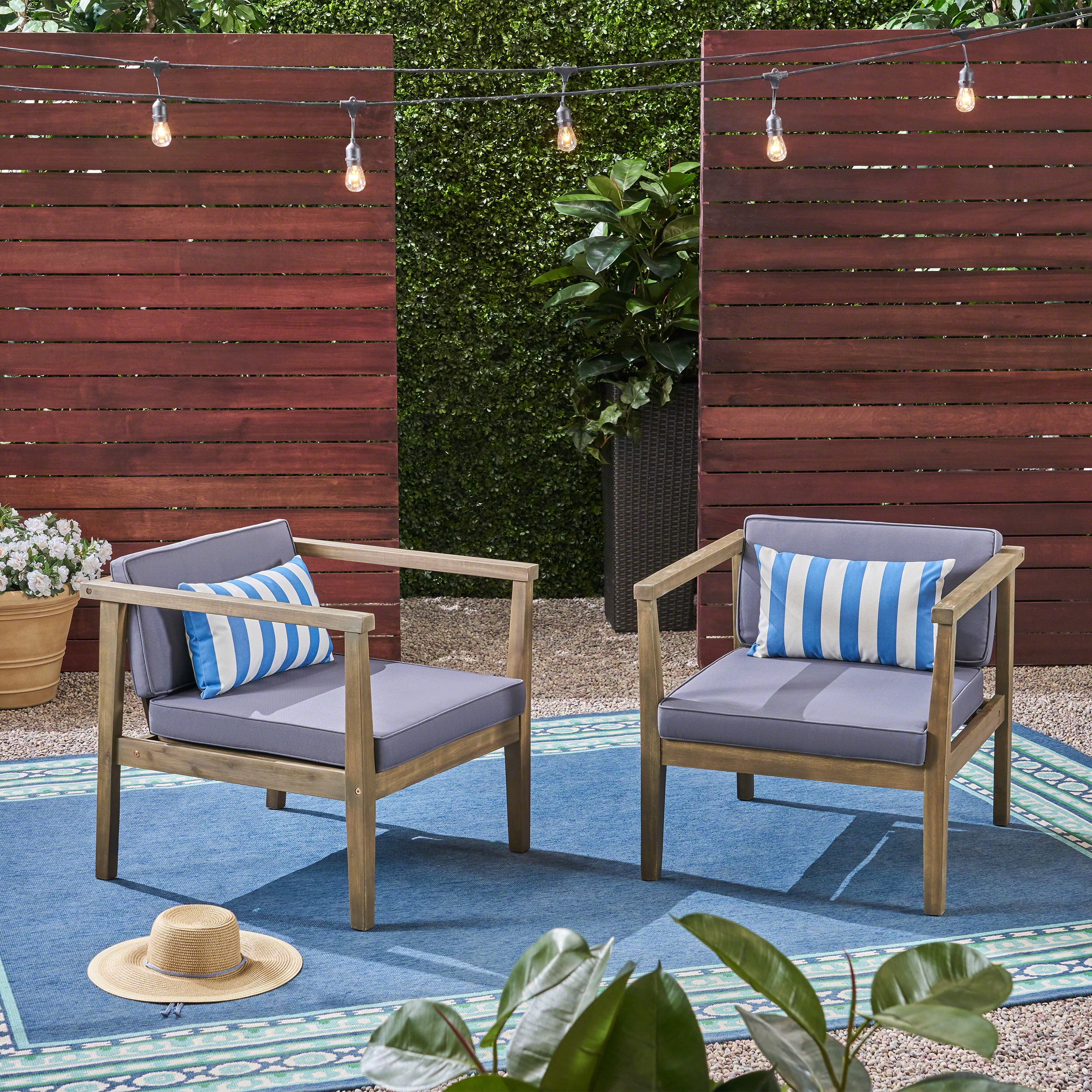 Outdoor Acacia Wood Club Chair Set of 2, Leisure Single Seats for Patio Garden, Gray and Dark Gray