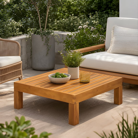 Outdoor Acacia Wood Coffee Table with Slat Panel Design, Rustic Square Table, Weather-Resistant Patio Furniture for Garden Balcony Lounge