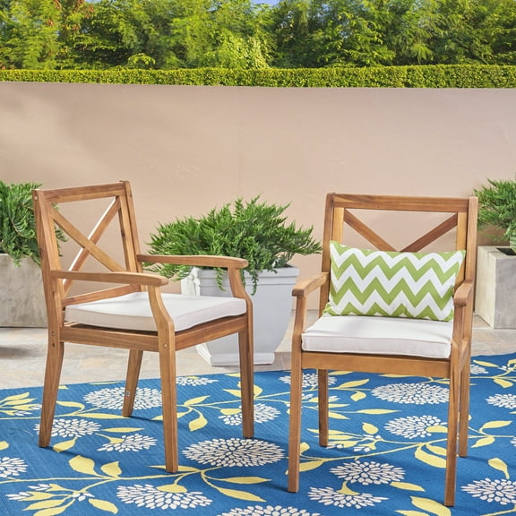 Outdoor Acacia Wood Dining Chair with Cushions,Cream,Teak