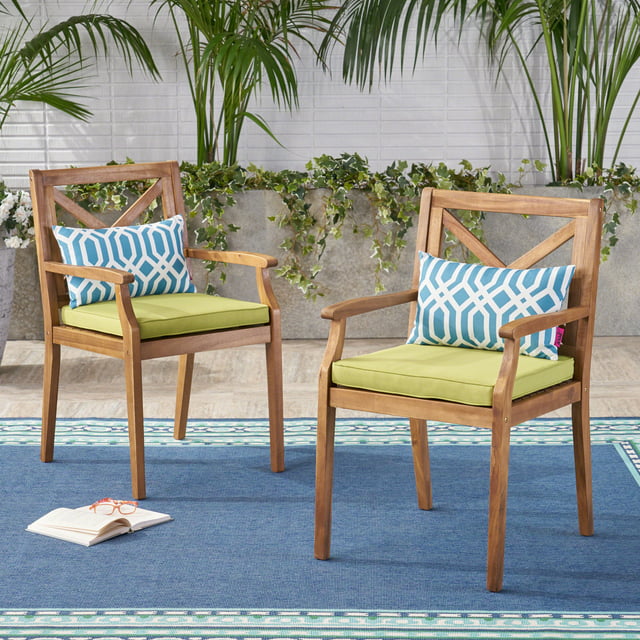 Outdoor Acacia Wood Dining Chair with Cushions, Teak,Green