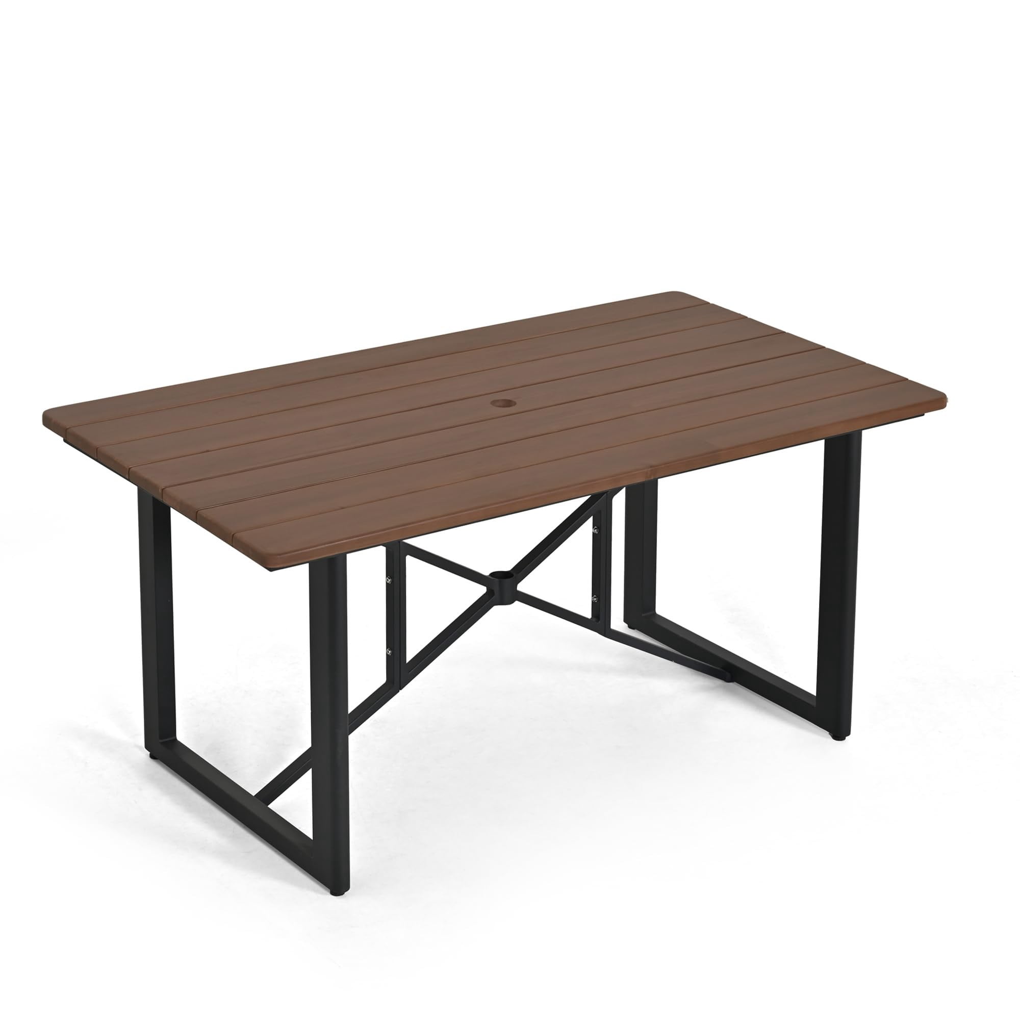Outdoor Acacia Wood Dining Table for 6, Patio Table with Aluminum Frame & Umbrella Hole, Rectangle Outdoor Dining Table for Backyard Deck Garden