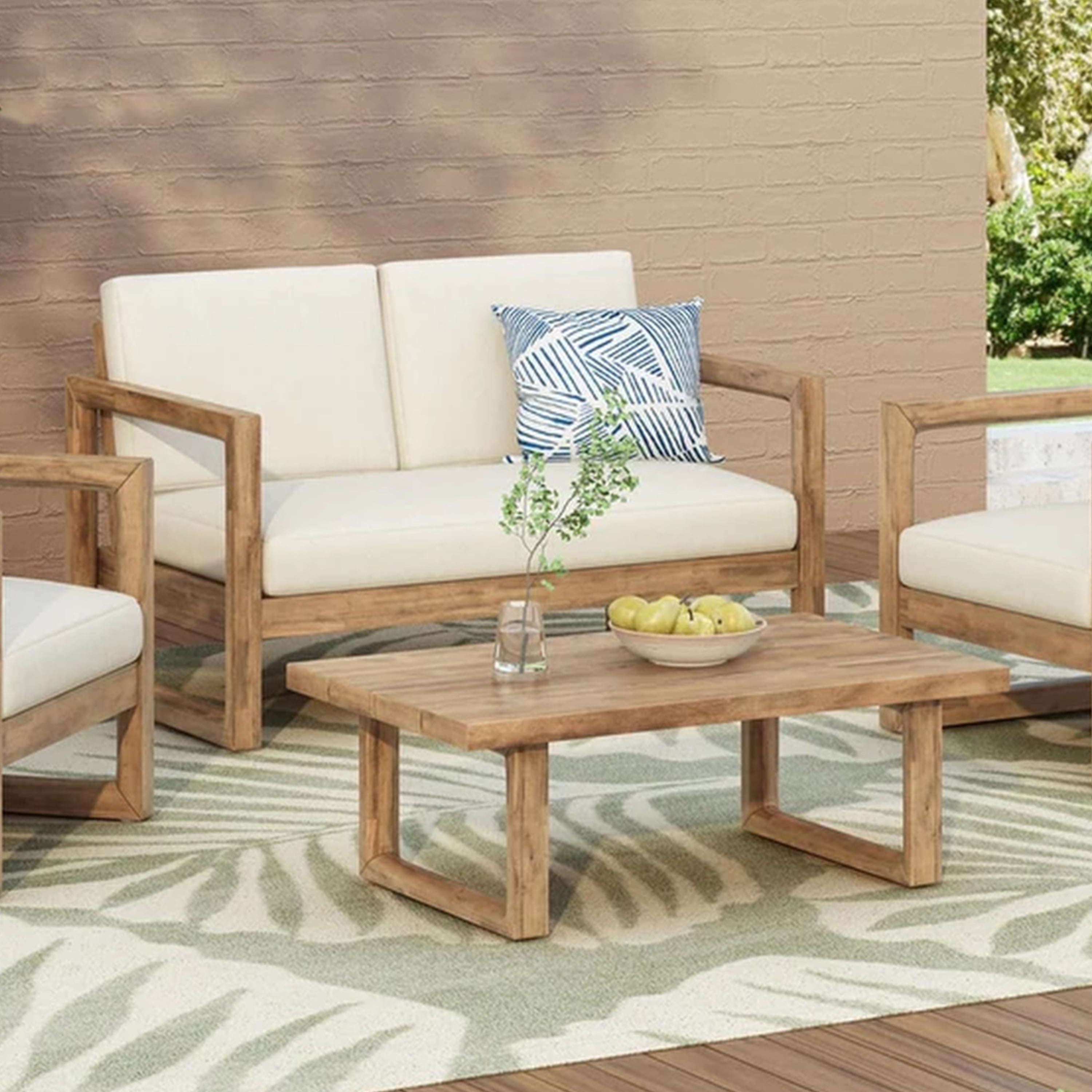 Outdoor Acacia Wood Loveseat and Coffee Table Set with Cushions, Brown Wash, Beige - Walmart.com