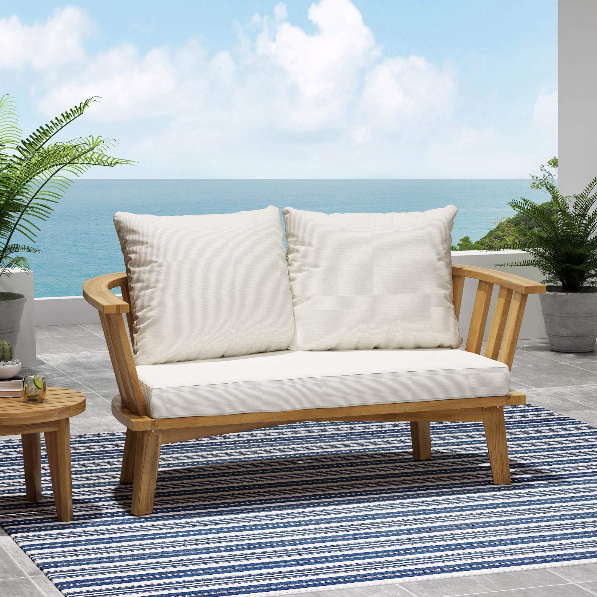 Outdoor Acacia Wood Loveseat with Water-Resistant Cushions and Slatted Back, 55.5-Inch Patio Seating for Garden, Teak and White