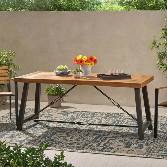 Outdoor Acacia Wood Metal Base Dining Table, Teak