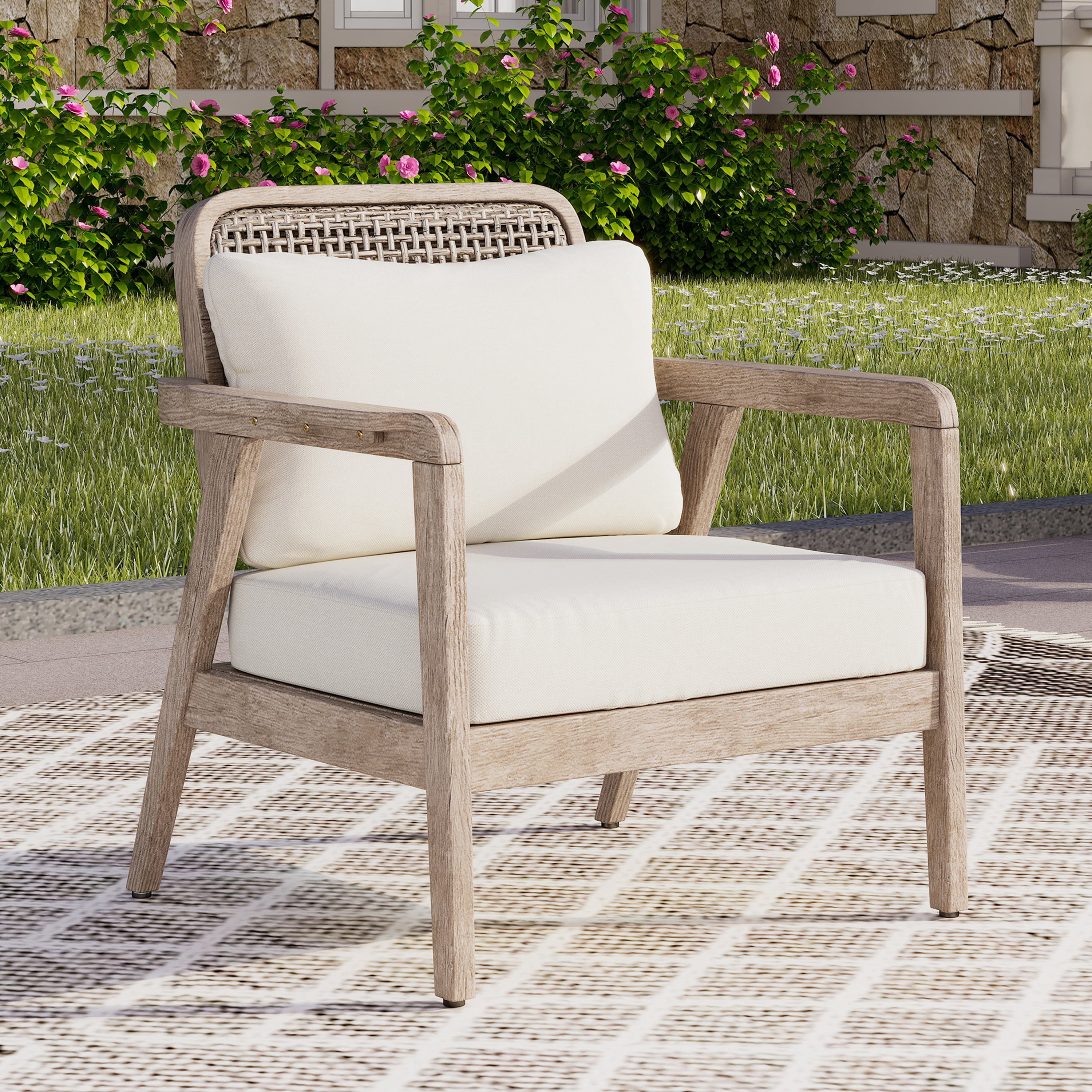 Outdoor Acacia Wood Patio Club Chair, Patio Furniture Waterproof Thick Cushion for Porch Garden, Light Brown and Cream