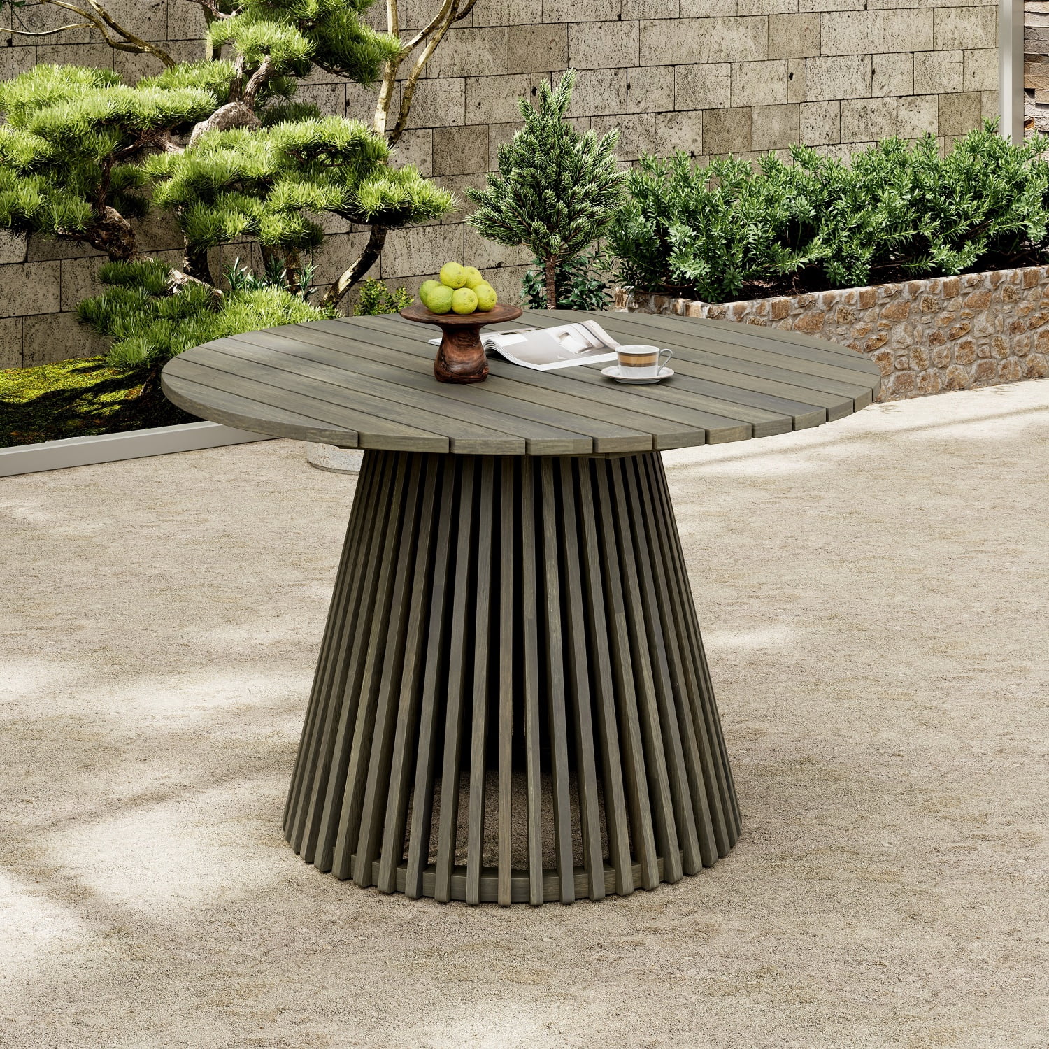 Outdoor Acacia Wood Patio Dining Table, 47.25-inch Extra-large Round Dining Table for Backyard, Lawn, Balcony, Grey Finish