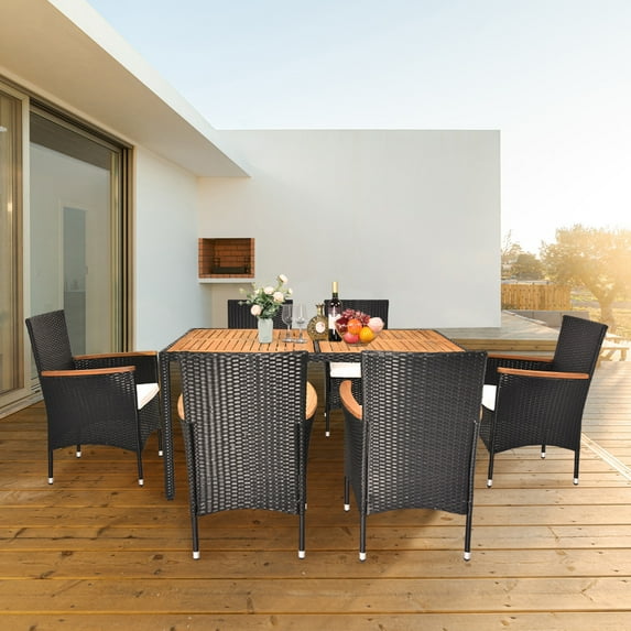 Outdoor Acacia Wood Rattan 7-Piece Dining Set with Cushions for Po and Garden - Black