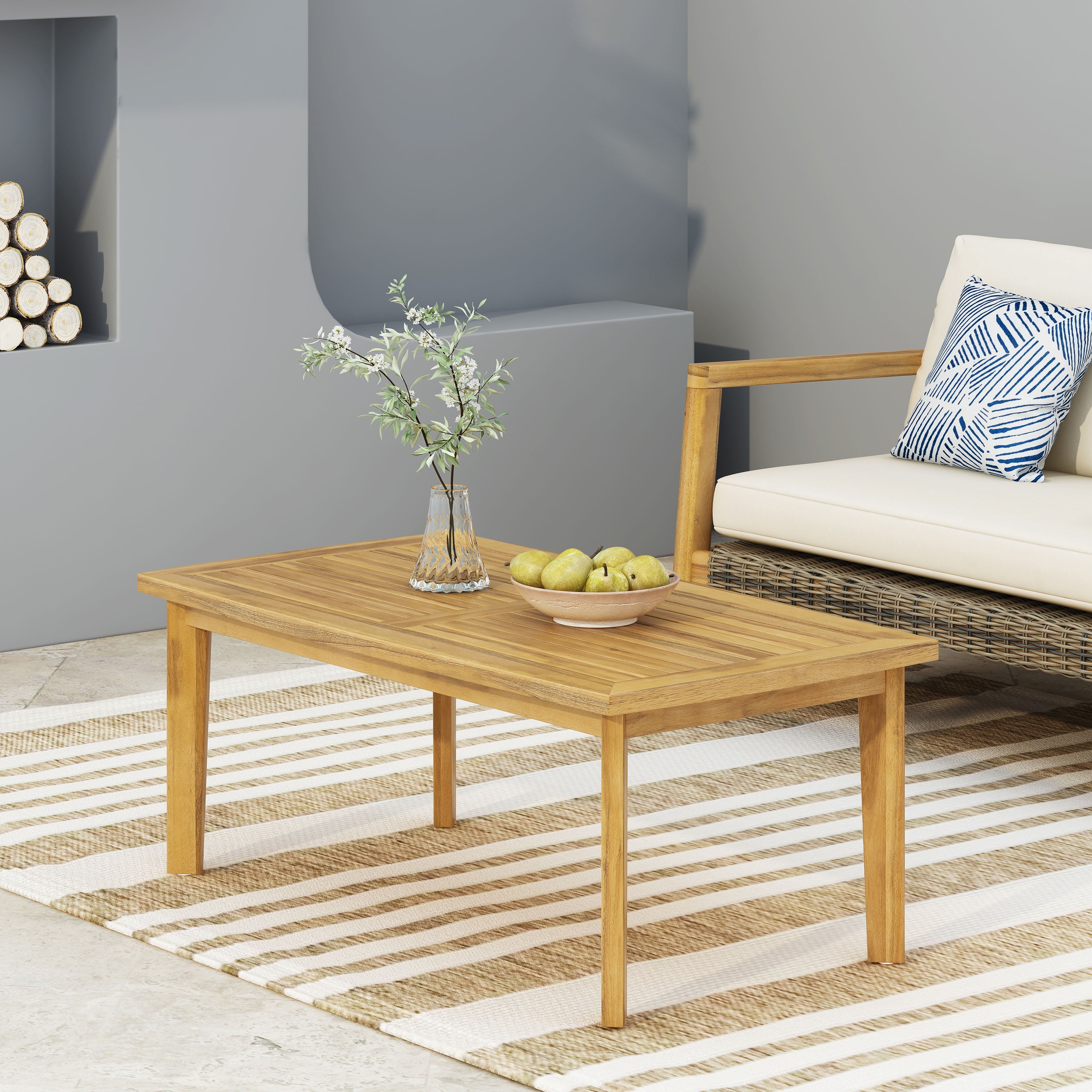 Outdoor Acacia Wood Rectangular Patio Coffee Table, Sturdy Slatted Side Table for Porch, Garden, Backyard, Balcony, 43.25" W x 23.50" D x 17.00" H, Natural Brown Finish