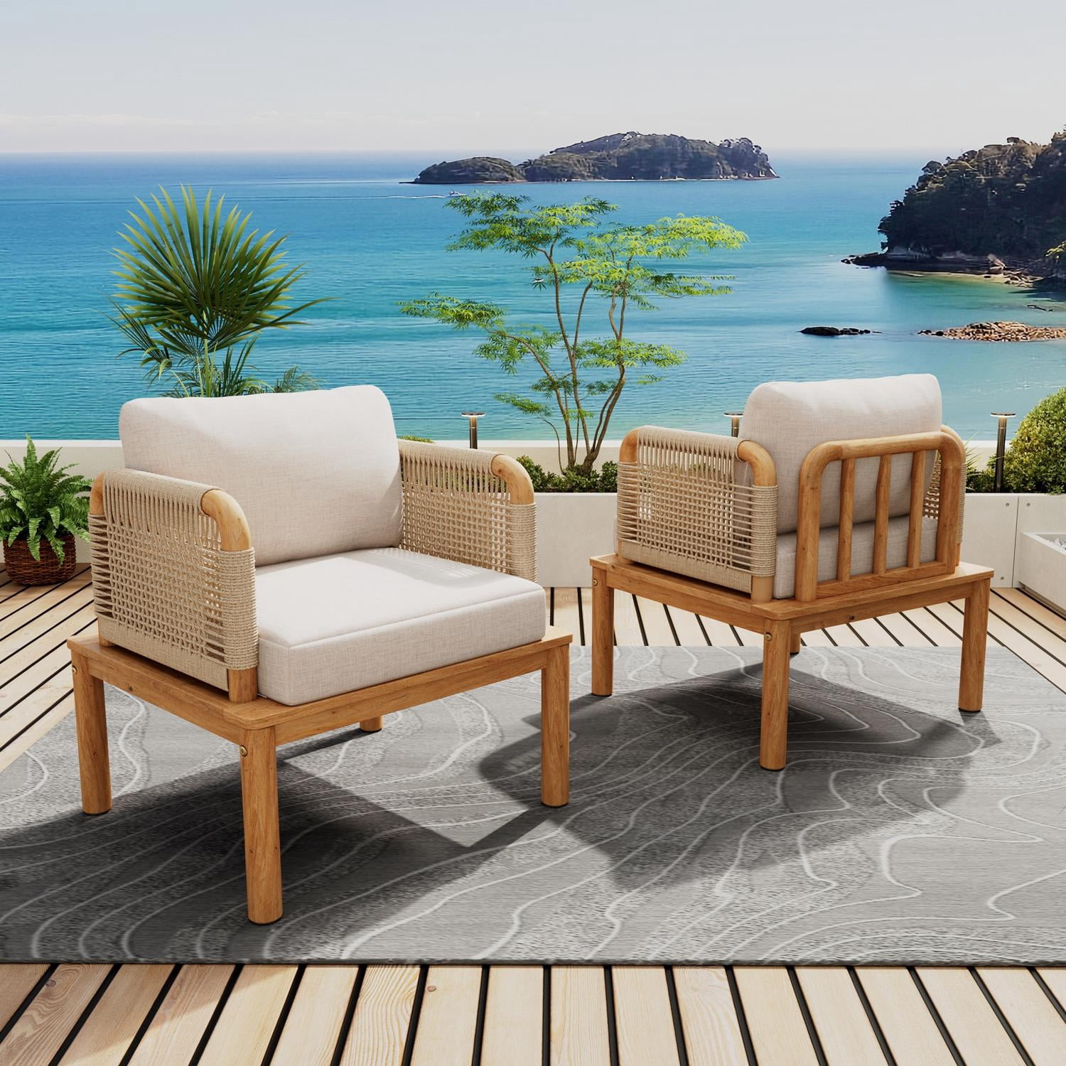 Outdoor Acacia Wood & Rope Club Chair Set of 2 with Plush Cushions, Weather-Resistant Patio Lounge Chairs for Garden Porch Backyard, Teak+Beige