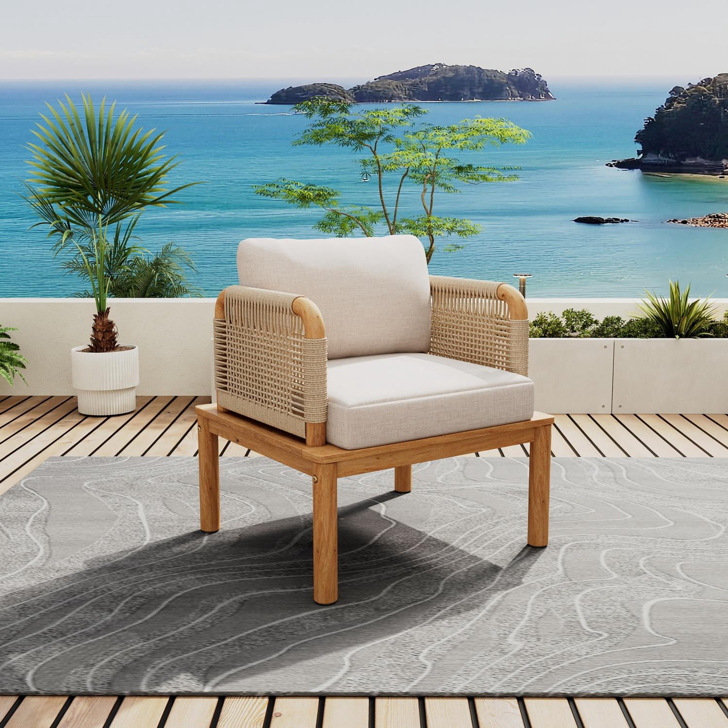 Outdoor Acacia Wood & Rope Club Chair with Plush Cushion, Weather-Resistant Patio Lounge Chair for Garden Porch Backyard, Teak+Beige