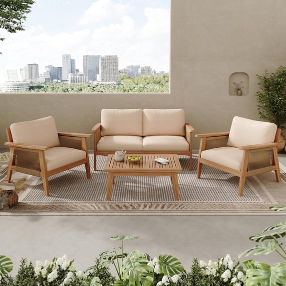 Outdoor Acacia Wood & Rope Sectional Patio Sofa Set 4-Piece, Weather-Resistant Conversation Set with Cushions for Garden, Heavy Duty, Teak+Beige