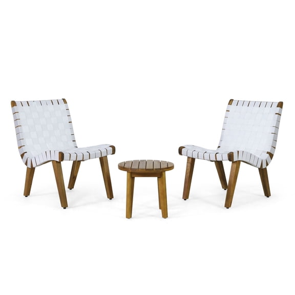 Outdoor Acacia Wood and Rope Weave 3 Piece Chat Set, White and Teak - Space Saving Patio Furniture Set with Two Lounge Chairs and Side Table for Small Balcony or Garden