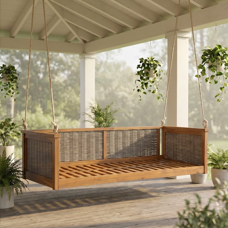 Outdoor Acacia Wood Twin Size 2-Seat Porch Swing Bench, Rattan Hanging Swing Chair Bed with Ropes for Patio, Garden, Backyard