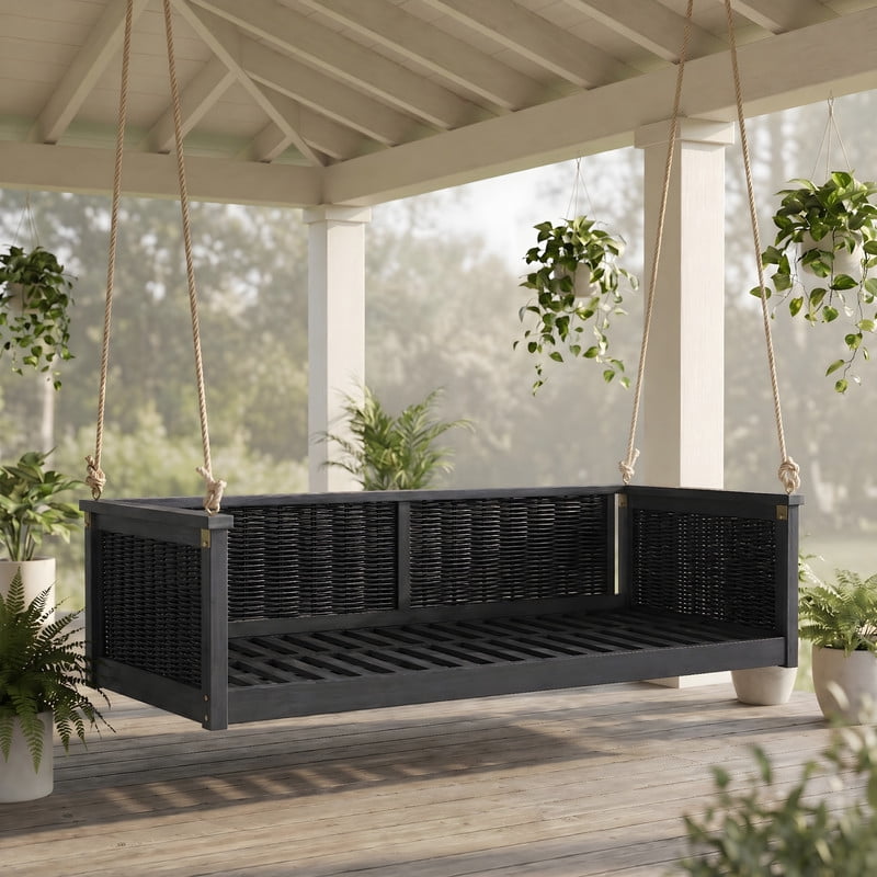 Outdoor Acacia Wood Twin Size 2-Seat Porch Swing Bench, Rattan Hanging Swing Chair Bed with Ropes for Patio, Garden, Backyard
