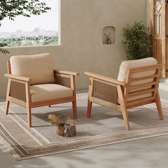 Outdoor Acacia Wood and Rope Patio Chair with Cushions (Set of 2)