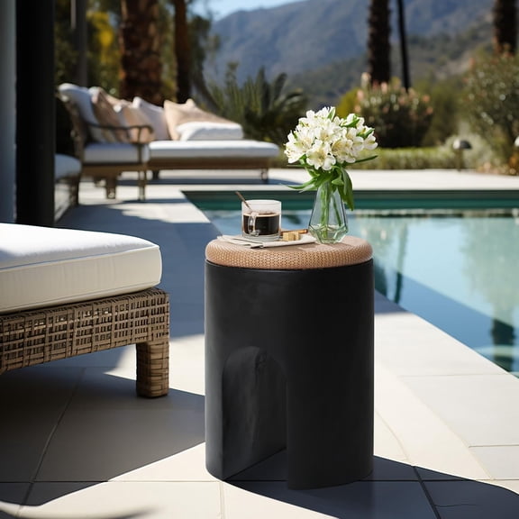 Outdoor Accent Side Table, 18'' Black with Natural Rattan Finish Cement Patio End Table, U-Shaped Base Garden Stool for Patio Backyard, Outdoor Furniture for Lawn Balcony Porch